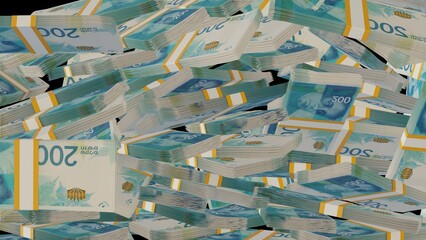 Many wads of money on black background. 200 Israeli Shekel banknotes. Stacks of money. Financial and business concept. - obrazy, fototapety, plakaty
