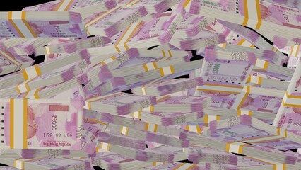 Many wads of money  on black background. 2000 Indian Rupees banknotes. Stacks of money. Financial...