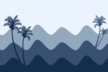 Panoramic landscape silhouette illustration of sea water waves and coconut trees