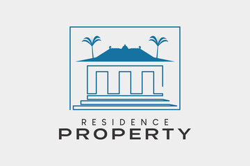 Property logo with a house icon and a palm or coconut tree in a creative concept, a logo for residential properties