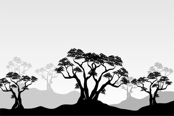 Panoramic landscape of mangrove tree silhouette in black and white