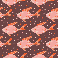 Vector childish seamless repeating simple flat pattern with hand drawn fishes. Childish texture for fabric, wallpaper, textile, apparel. Sea. Ocean. Fishes pattern. Aquarium
