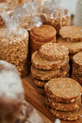 Baked bread cut for tasting by visitors