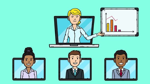 Businesswoman is leading a conference and presents data shown on a flipchart. Other conference participants appear on tablet screens. Animation is in easy to edit loop	