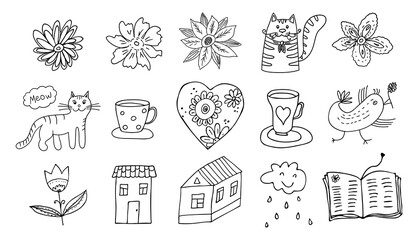 Vector doodle set of cozy summer objects and nature. Isolated linear cats and dird, flowers and houses, cups and book element