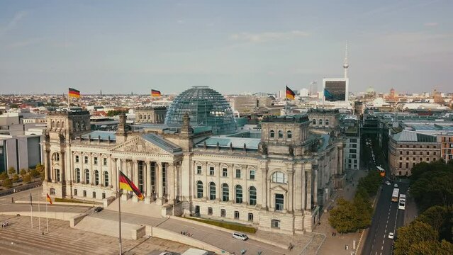 Germany Berlin Aerial Birdseye flying low around Reichstag building 