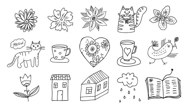 Vector doodle set of cozy summer objects and nature. Isolated linear cats and dird, flowers and houses, cups and book element