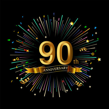 90th Anniversary celebration. Golden number 90th with sparkling confetti