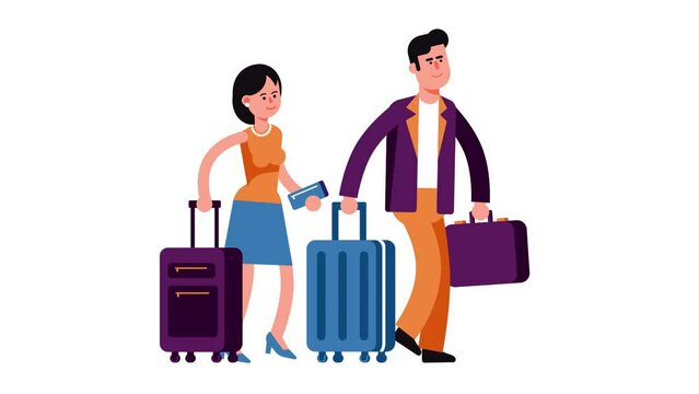 Passengers couple - man and woman with suitcases. Cartoon passengers with luggage. Looped animation.