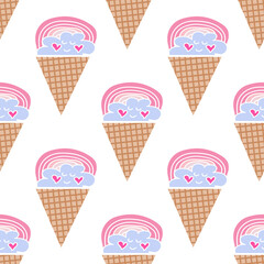 Summer Seamless pattern with  ice cream,  waffle,  fruits. Watermelon, banana, strawberry  Vector illustration in flat cartoon style.