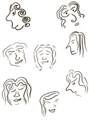 Striped woman faces sketch vector set.