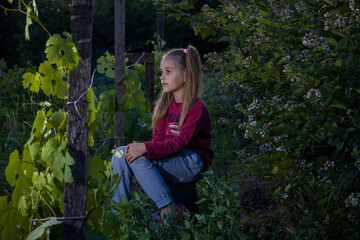 Little girl sitting in the evening garden near the grapes.