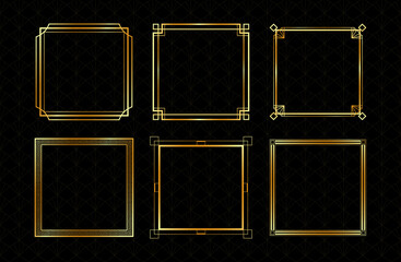 Set of vector gold frames. Art Deco square frames collection on dark backdrop
