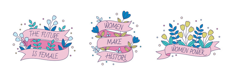 Set of feminist vector stickers. Women empowerment concept illustration. International Women Day stickers with inspirational quotes. Happy Women's Day icon clip-art set. - obrazy, fototapety, plakaty