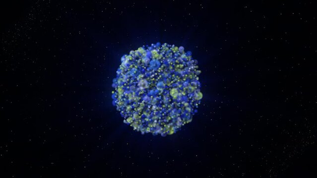 Abstract division od cells in round shaped 3D shere isolated on a black background. Motion. Unknown 3D object of small cells.