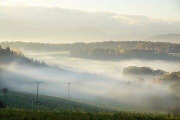 Mist inversion in the woods and mountains during autumn and winter. Slovakia