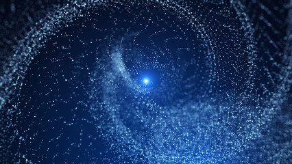 A vortex of dust particles. Illustration of a whirlpool on a blue background. The effect of levitation. Dynamic, explosive wave. Big data. 3D rendering