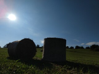 Hay bales on the meadow during autumn. Slovakia