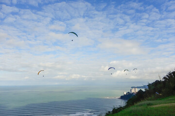paragliders flying on cloudy sky above Santos city beach in Brazil