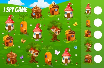 Naklejka premium I spy game worksheet with cartoon elf village and fairy houses of gnomes, vector kids riddle. Tabletop puzzle game to find and match homes elves or gnome in acorn, carrot, snail and mushroom