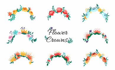 Flower crown wreaths set. Summer or  spring flowers isolated on white background for headband design or for wedding. Vector cartoon illustration
