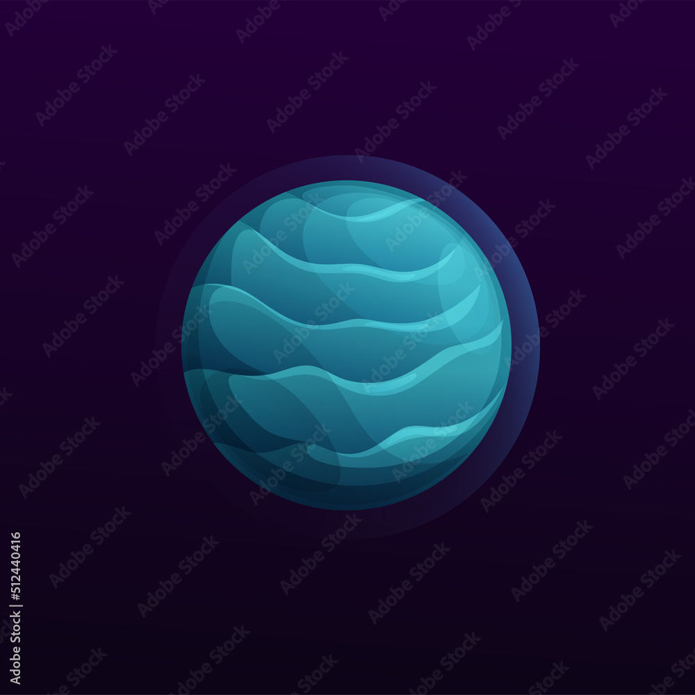 Poster blue space planet with atmosphere and layers. game ui comic planet cartoon vector icon with water oc