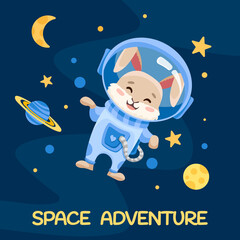 Fototapeta premium Rabbit or Bunny Astronaut in space suit for birthday party flyer, kids print texture and baby shower. Cute animal with planets moon stars in open space. Vector Cartoon illustration