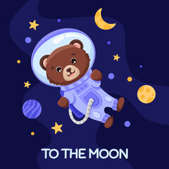 Fototapeta premium Bear Astronaut in space suit for birthday party flyer, kids print texture and baby shower. Cute animal with planets moon stars in open space. Vector Cartoon illustration