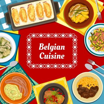 Belgian cuisine menu cover. Cherry beer braised chicken, Tripe sausages and potato salad, mashed potato Stoemp, baked endive, fish stew Waterzooi, salad with tuna and Carbonnade stew with french fries
