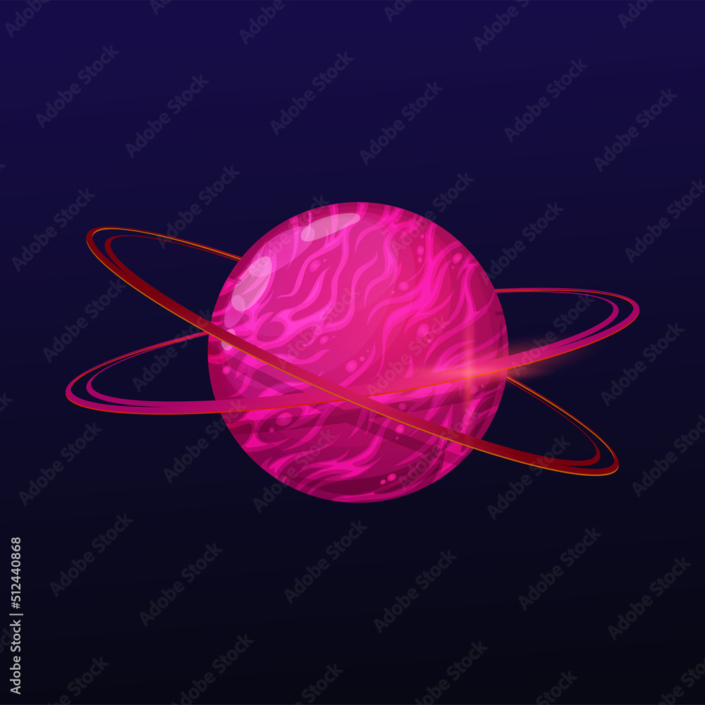 Poster cartoon pink space planet with rings. game user interface design element or icon, fantasy alien worl