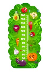 Kids height chart with fitness cartoon vegetables growth meter ruler . Vector funny tomato, carrot, garlic and radish, avocado and broccoli, eggplant and cauliflower veggies doing sport exercises