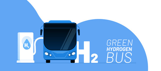 Hydrogen bus and energy refill vector illustration concept. Big blue vehicle on the gas station, connected to the hydrogen source. Template for website banner, advertising campaign or news article.