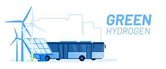 Hydrogen bus vector illustration concept. Alternative and renewable energy source. Wind turbine, solar panel and bus. Template for website banner, advertising campaign or news article. © bgpsh