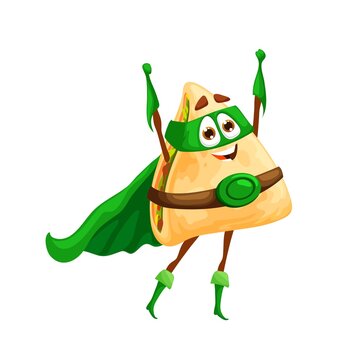 Cartoon mexican quesadilla superhero character. Funny vector powerful super hero tex mex personage with raised hands in green cape, boots, gloves and mask, isolated fairytale food character