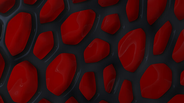 3D render of abstract background of black grid and red wall
