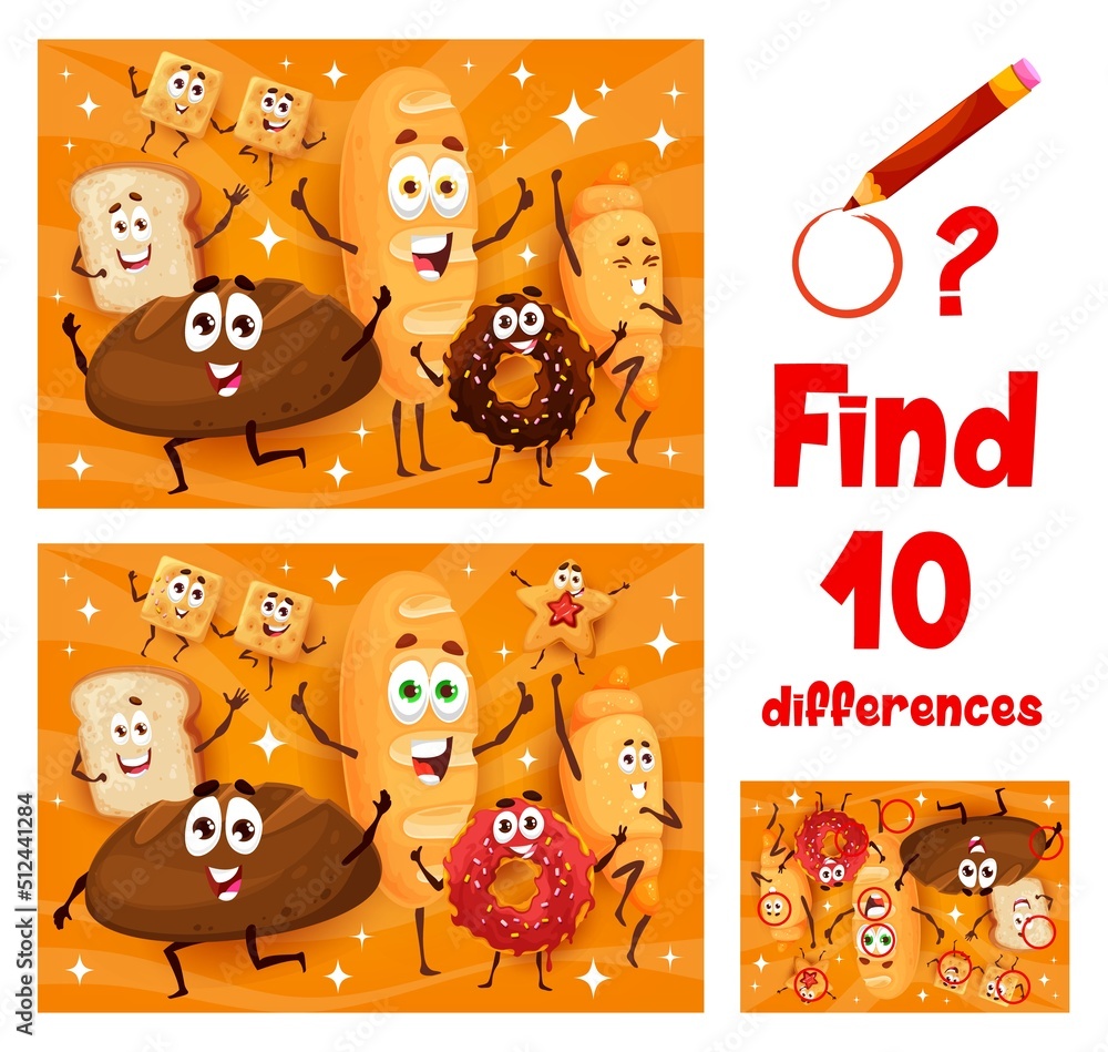 Poster find ten differences kid maze, cartoon bread and confectionery characters, vector riddle. game works