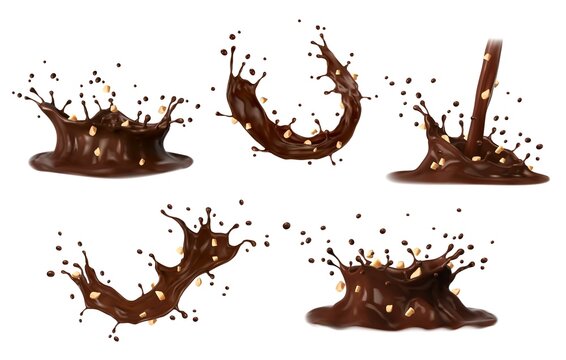 Chocolate Cocoa, Coffee Milk Swirl Splashes Set With Crushed Peanuts. Realistic Vector Chocolate Drink Pour Or Milkshake Cocoa Drink Spill And Coffee Milk Crown Splash With Nuts In Wave Spatter