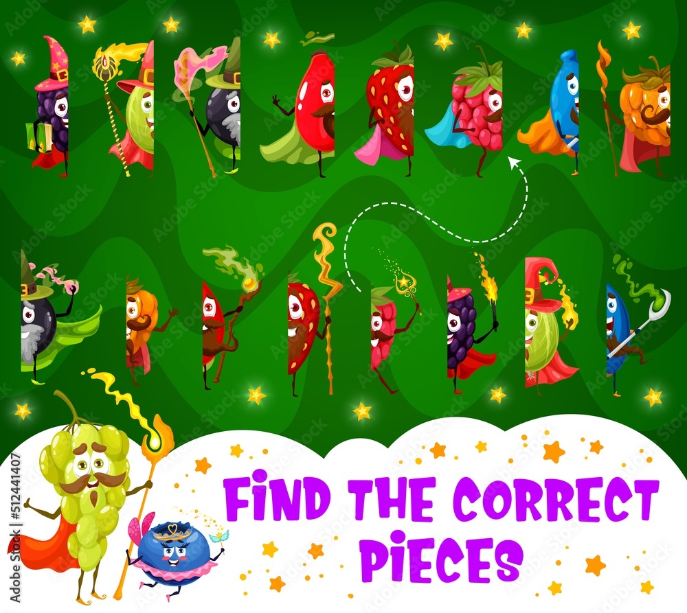 Poster Find half of cartoon berry wizard, mage and fairy character, vector match puzzle. Kids worksheet game to find same part or correct piece of strawberry sorcerer and raspberry wizard with magic wand