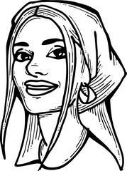 Beautiful girl wear romantic scarf. Pretty woman with attractive face, bright eyes and lips. Fashion model dress summer hat. Hand drawn vector illustration. Old style comic cartoon character drawing.