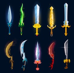 Medieval fantasy magic blades, swords, axes, daggers and sabres. Cartoon knight weapon icons game asset. Vector magical swords and knives with gemstones, claws and fangs on hilts, ui or gui design - obrazy, fototapety, plakaty