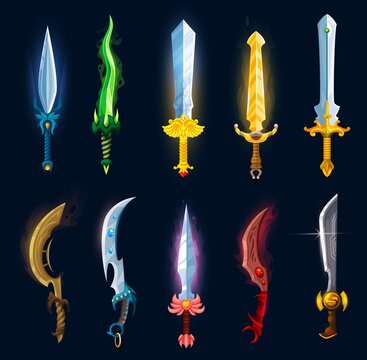 Medieval fantasy magic blades, swords, axes, daggers and sabres. Cartoon knight weapon icons game asset. Vector magical swords and knives with gemstones, claws and fangs on hilts, ui or gui design