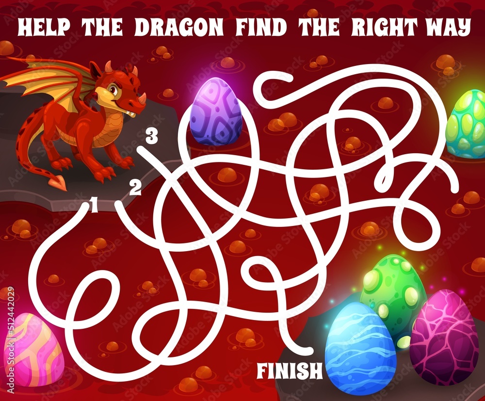 Poster labyrinth maze with cartoon red dragon and eggs, vector kids maze worksheet. labyrinth riddle game t