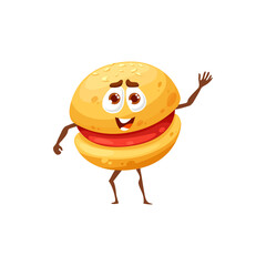 Cartoon funny burger bun character, cheeseburger fast food vector personage. Cute funny fastfood burger or hamburger, bbq restaurant or kids menu yummy smiling sandwich character