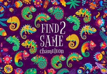 Find two same bright chameleon lizards, kids game quiz worksheet, vector puzzle. Find similar Mexican chameleons riddle or puzzle and tabletop board game with cartoon latin alebrije objects © Vector Tradition