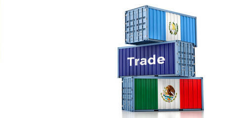 Cargo containers with Mexico and Guatemala national flags. 3D Rendering