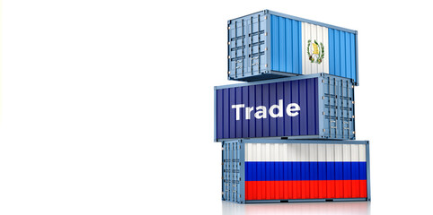 Cargo containers with Russia and Guatemala national flags. 3D Rendering