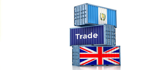 Fototapeta premium Cargo containers with United Kingdom and Guatemala national flags. 3D Rendering