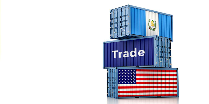 Cargo containers with USA and Guatemala national flags. 3D Rendering