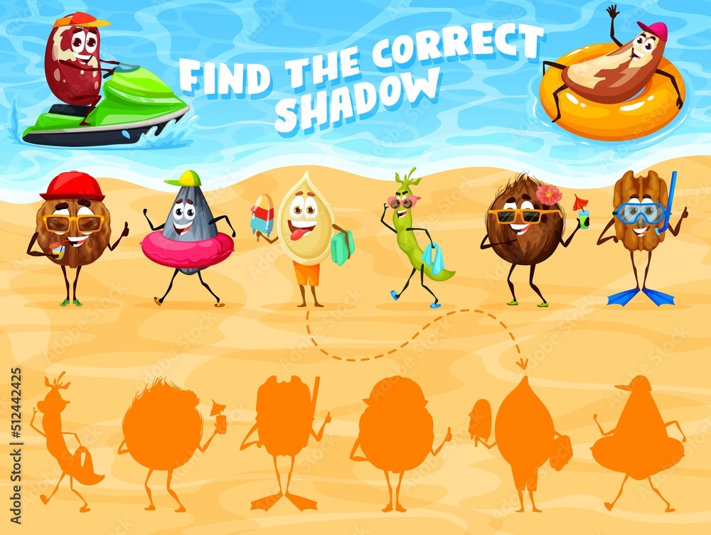 Poster find correct shadow, funny nuts on summer vacation, vector match game puzzle. kids logic game worksh