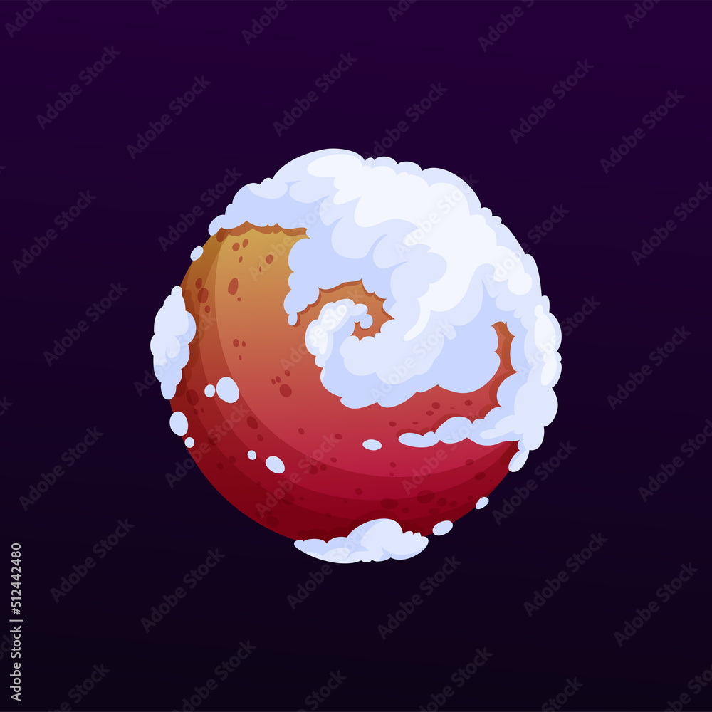 Poster cartoon space planet with cloudy surface. fantasy galaxy exoplanet, vector alien red planet or space